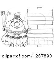 Poster, Art Print Of Black And White Happy Chubby Mother Nature Or Hippie Woman With Blank Wooden Signs