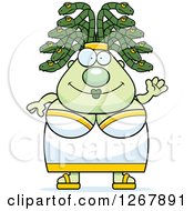 Clipart Of A Friendly Waving Chubby Gorgon Medusa Woman With Snake Hair Royalty Free Vector Illustration