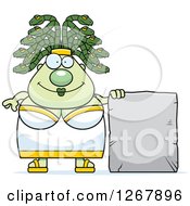 Clipart Of A Chubby Gorgon Medusa Woman With Snake Hair And Blank Stone Sign Royalty Free Vector Illustration