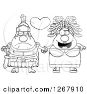 Clipart Of A Black And White Chubby Gorgon Medusa Woman Holding Hands With A Stone Knight Royalty Free Vector Illustration