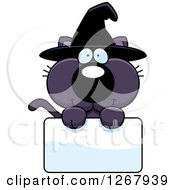 Poster, Art Print Of Happy Purple Halloween Witch Cat Over A Blank Sign