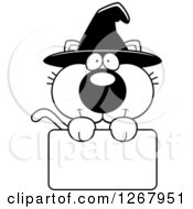 Poster, Art Print Of Black And White Happy Halloween Witch Cat Over A Blank Sign