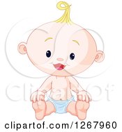 Poster, Art Print Of Cute Happy Blond Caucasian Baby Boy Sitting In A Diaper