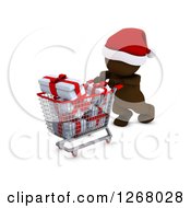 3d Brown Man Christmas Shopping And Pushing Gifts In A Cart