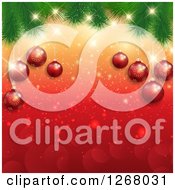 Clipart Of A Background Of 3d Christmas Baubles Suspended From A Tree Branch Over Red Sparkles Royalty Free Vector Illustration by KJ Pargeter
