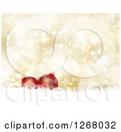 Poster, Art Print Of Gold Christmas Background Of 3d Red Baubles Over Stars And Bokeh Flares