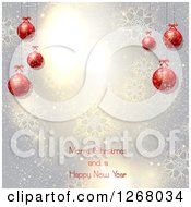 Poster, Art Print Of Silver Background With Snowflakes And Red 3d Baubles Over Merry Christmas And A Happy New Year Text