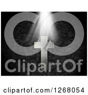 Clipart Of A Light Shining Down On A 3d Metal Cross Over A Gray Brick Wall Royalty Free Illustration