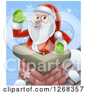 Poster, Art Print Of Santa Clause Waving In A Chimney On Christmas Eve Over Blue With Snowflakes