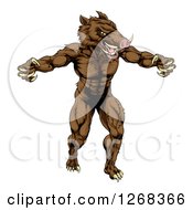 Poster, Art Print Of Muscular Aggressive Clawed Boar Man Mascot Attacking
