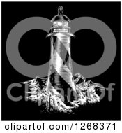 Clipart Of A Spiral Lighthouse Engraved On Black Royalty Free Vector Illustration by AtStockIllustration