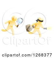 Clipart Of A 3d Gold Detective Chasing A Thief With A Magnifying Glass Royalty Free Vector Illustration by AtStockIllustration