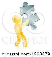 Poster, Art Print Of 3d Gold Man Holding A Silver Puzzle Piece