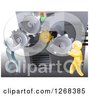Poster, Art Print Of 3d Gold And Silver Men Adjusting Gear Cogs On A Machine