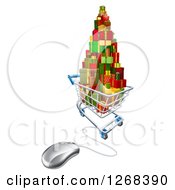 Poster, Art Print Of 3d Shopping Cart Filled With Christmas Presents Connected To A Computer Mouse