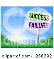 Clipart Of A Sunrise Over Grass With 3d Failure And Success Signs Royalty Free Vector Illustration