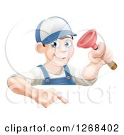 Poster, Art Print Of Brunette White Male Plumber Holding A Plunger Over A Sign