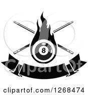 Black And White Flaming Eightball With Billiards Cue Sticks Over A Blank Banner