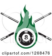 Green Flaming Eightball With Crossed Billiards Cue Sticks