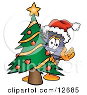 Suitcase Cartoon Character Waving And Standing By A Decorated Christmas Tree