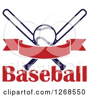 Clipart Of A Navy Blue Baseball And Crossed Bats With A Blank Red Banner Over Text Royalty Free Vector Illustration