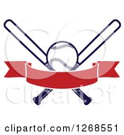 Clipart Of A Navy Blue Baseball And Crossed Bats With A Blank Red Banner Royalty Free Vector Illustration