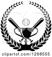 Clipart Of A Black And White Championship Trophy And Baseball With Crossed Bats In A Wreath Royalty Free Vector Illustration