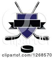 Clipart Of A Crossed Black And White Hockey Sticks Behind A Blue Shield Over A Puck With A Blank Black Banner Royalty Free Vector Illustration