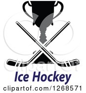 Poster, Art Print Of Black And White Trophy Cup With Crossed Hockey Sticks Over Blue Text