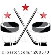 Poster, Art Print Of Black And White Hockey Pucks And Crossed Sticks With Red Stars