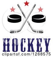 Poster, Art Print Of Black And White Hockey Pucks And Crossed Sticks With Red Stars And Text