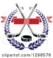Poster, Art Print Of Black And White Crossed Hockey Sticks And Puck In A Blue Wreath With A Blank Red Banner