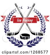 Poster, Art Print Of Black And White Crossed Hockey Sticks And Puck In A Blue Wreath With A Red Text Banner