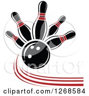 Clipart Of A Bowling Ball Crashing Into Red And Black Pins Royalty Free Vector Illustration
