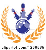 Clipart Of A Blue Bowling Ball And Pins In A Golden Laurel Wreath Royalty Free Vector Illustration