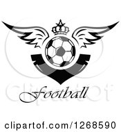 Poster, Art Print Of Black And White Winged Soccer Ball With A Crown And Blank V Shaped Banner Above Football Text