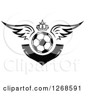 Poster, Art Print Of Black And White Winged Soccer Ball With A Crown And Blank V Shaped Banner
