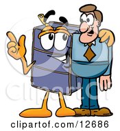 Suitcase Cartoon Character Talking To A Business Man by Mascot Junction