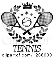 Poster, Art Print Of Black And White Crown And Laurel Wreath With A Tennis Ball And Rackets Over Text