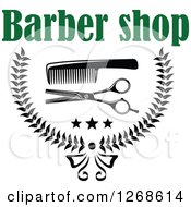 Clipart Of Green Text Over A Black And White Barber Design With A Comb Scissors Stars And Wreath Royalty Free Vector Illustration by Vector Tradition SM