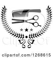 Poster, Art Print Of Black And White Barber Design With A Comb Scissors Stars And Wreath