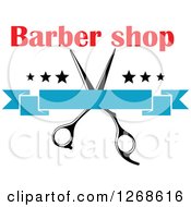Poster, Art Print Of Red Barber Shop Text Over Scissors Stars And A Blank Blue Banner