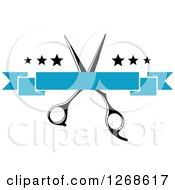 Poster, Art Print Of Black And White Barber Shop Scissors Stars And A Blank Blue Banner