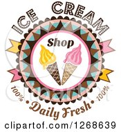 Clipart Of Round Colorful Ice Cream Cone Badge With Sample Text Royalty Free Vector Illustration