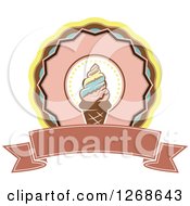 Clipart Of A Round Waffle Ice Cream Cone Badge With A Blank Banner Royalty Free Vector Illustration