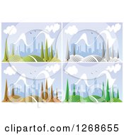 Clipart Of A Hilly Landscape With Trees And City In The Distance Shown In All Four Seasons Royalty Free Vector Illustration