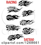 Clipart Of Black And White Flaming Checkered Tribal Racing Flags With Red Text Royalty Free Vector Illustration