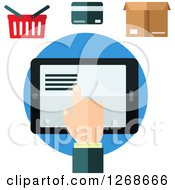 Poster, Art Print Of Hand Using A Tablet Under A Shopping Basket Credit Card And Box