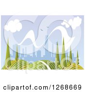Clipart Of A Hilly Summer Landscape With Trees And City In The Distance Royalty Free Vector Illustration