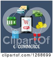 Cell Phone With A Buy Graphic In A Circle Of E Commerce Items Over Text On Blue